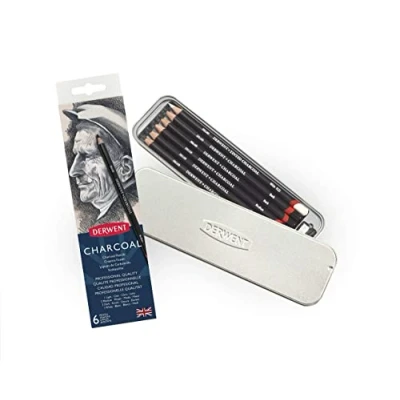 Image of Derwent Charcoal Drawing Pencils, &amp; Writing, Set Of 6 with Sharpener, Light, Medium, Dark Tinted White, Ideal For Blending Smudging, Professional Quality, 0700838