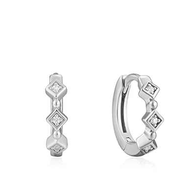 Image of ANIA HAIE 925 Sterling Silver Trendy Cubic Zirconia Huggie Hoop Sleeper Earrings, Rhodium Plated