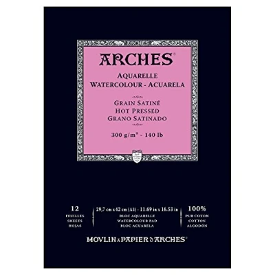 Image of ARCHES Watercolour Pad, 300 GSM, Hot Pressed, A3 (29.7 x 42 cm), Wood, White