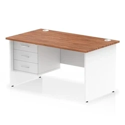 Image of Impulse 1400x800 Desk Walnut/White Panel End Leg 1x3 Drawer Fixed Ped