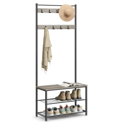 Image of VASAGLE 3 in 1 Coat Stand with Shoe Rack, Furniture for Entrance Bench, Steel Frame, Entryway, Hallway, 32 x 70 175 cm, Industrial Style, Grège and Black HSR41MB