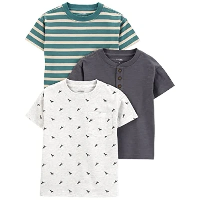 Image of Simple Joys by Carter&#039;s Baby Boys&#039; 3 Pack Short Sleeve Tee Shirts T, Dark Grey/Green Stripes/White Dinosaur, 4 (Pack of 3)