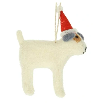 Image of Gisela Graham Wool Dog With Santa Hat Christmas Decoration