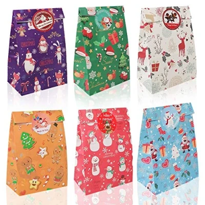 Image of 30 Pcs Christmas Paper Bags Kraft Gift Treat Bag, RFWIN Xmas Snack Goody Candy for Kids Party Favors with Stickers