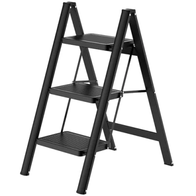 Image of Gr8 Home Black Portable 3 Step Ladder Foldable Stool Non Slip Tread Heavy Duty Metal Steel Compact Lightweight Folding DIY Kitchen Aid