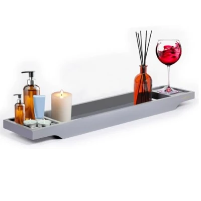 Image of MantraRaj Bamboo Bath Caddy Tray Bridge Wooden Bathtub Rack Tidy Bathroom Shelf Organizer Storage Table for Reading,Tablet, Wine Glass Accessories (Grey)