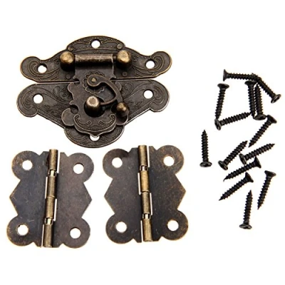 Image of Dophee Antique Embossing Hasp Latch Lock with 2PCS Small Hinges and Screws for Decorative Wooden Jewelry Box Furniture Cabinet Cupboard