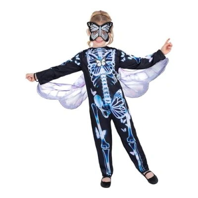 Image of Smiffys Butterfly Skeleton Costume All in One, Wings &amp; Mask, Halloween Child Fancy Dress, Dress Up Costumes