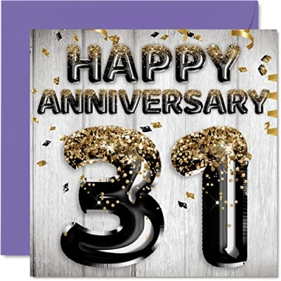 Image of Awesome 31st Anniversary Card for Husband Boyfriend Wife Girlfriend Black Gold Glitter Balloons Happy 31 Cards from Family, 145mm x Greeting Thirty First Anniversaries