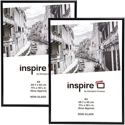 Image of Hampton Frames BACKLOADER Range A3 Black Picture Poster Photo Frame Acrylic (Non Glass) A3MARBLX 2PK
