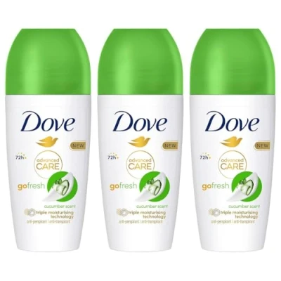 Image of Dove Deodorant Roll On Advance Care Go Fresh Cucumber Scent 72H Odour Protection Anti Transpirant and Perspirant for Women with Triple Moisturising Technology 50ml, 3 Pack