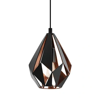 Image of Eglo Carlton 1 Vintage Pendant Light, Retro Steel with Coloured in Black and Copper Hanging E27 Socket, Ø 20.5 cm/8 inches