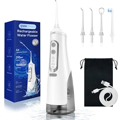 Image of Cordless Water Flosser Teeth Cleaner Dental Oral Irrigator Picks Portable and Rechargeable 310ml Tank IPX7 Proof for Home Travel Infiwarden (White)