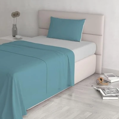 Image of Italian Bed Linen Natural Color Set (Flat 150x300, Fitted Sheet 90x200cm+Pillowcase 52x82cm), Petrol Bottle Green, Ottanio/Light Gray, SINGLE