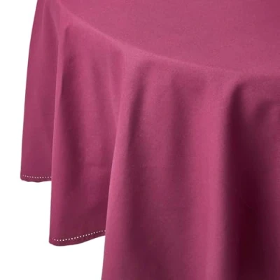 Image of HOMESCAPES Plum Cotton Round Tablecloth 6 to 8 seater Large Circular 178 cm (70 Inches) Washable Hand Woven 100% Plain with Decorative Ladder Stitch Edge
