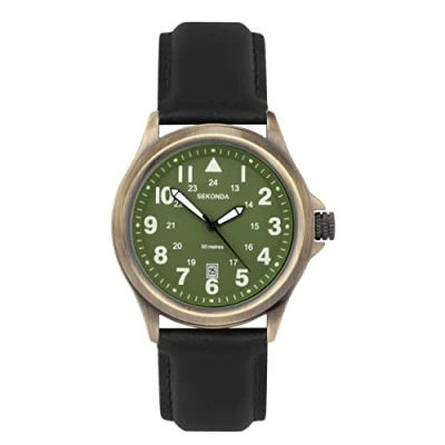 Image of Sekonda Altitude Mens 43mm Quartz Watch in Green with Analogue Date Display, and Black Leather Strap 30103