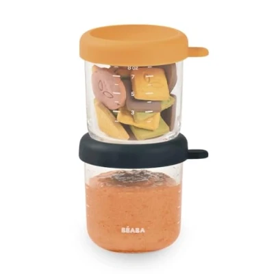 Image of BEABA Set of Baby Food Storage Containers Weaning pots Glass Conservation Jar Colorful Lids Graduation Measuring Scale Heat and Freezer Shock Resitant 2 x 250 ml Night Blue/Honey