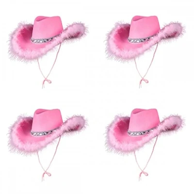 Image of 4 x Adult Ladies Pink Sequin &amp; Feather Texan Cowboy Hats : Wild West Cowgirl Hen Night Fancy Dress Accessory