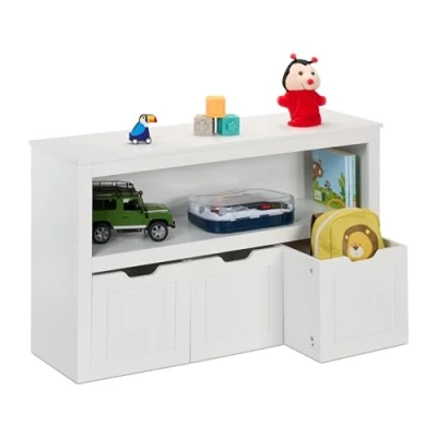 Image of Relaxdays Children&#039;s Storage Unit, 3 Boxes with Wheels, HWD: 60x102x30 cm, Kids Toy Organiser, Playroom Cabinet, White