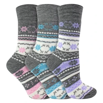 Image of Ladies 3 Pairs of Thick Winter Warm Fairisle Patterned Thermal Socks with Non Elastic Top (4 8 UK, Grey)