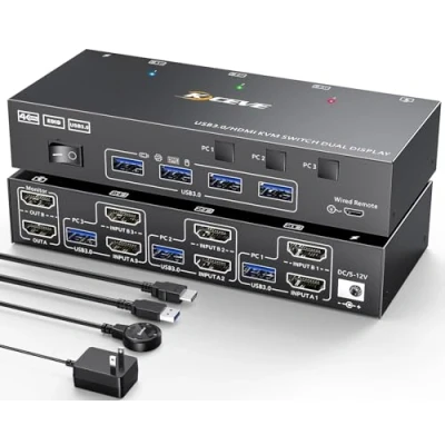 Image of HDMI KVM Switch 2 Monitors 3 Computers 4K@60Hz, 𝐄𝐃𝐈𝐃 𝐬𝐢𝐦𝐮𝐥𝐚𝐭𝐢𝐨𝐧, Dual Monitor for Share and Keyboard Mouse Printer, Wired Remote 5 Cables Included