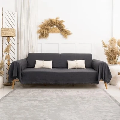 Image of Milam London Sofa Throws Large 3 Seater Cover 100% Cotton Throw Blanket Couch Settee 180 x 300 cm Dark Grey