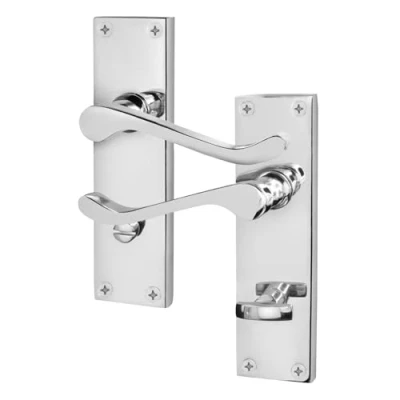 Image of EAI Polished Chrome Victorian Scroll Bathroom Door Handles 1 Pair of Internal Lever on Backplate