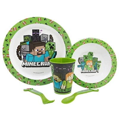 Image of Stor Minecraft 5pcs Kids Lunch Breakfast Dinner Tableware Set Plate, Bowl, Cutlery &amp; Tumbler, BPA Free, Children, Baby