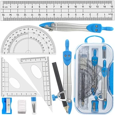 Image of Geometry Compass Set Tuloka 10pcs School Maths Protractor Rulers for Student and Engineering in Carry Case, Blue