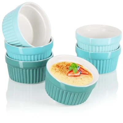Image of com four® 6X Soufflé Moulds Ceramic Bowl for crème brûlée Dessert and paté Dish 200 ml Each Souffle pots in Different Shades of Green