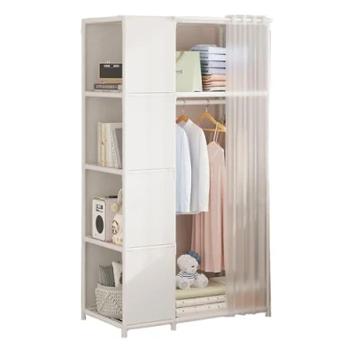 Image of Wardrobe Portable Canvas With Hanging Rail, Shelves, Fabric for Bedroom, Clothes Closet Storage Organizer,White 70x40x162cm