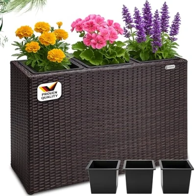 Image of CASARIA® Large Tall Rattan Flower Pot Planter 3 Removable Inner Plant Pots With Water Drain Poly Trough Box Planters Outdoor Garden 83x30.5x60 cm Brown