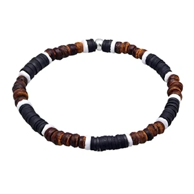 Image of Kuzzoi Buddha Men&#039;s Bracelet Made of Heishi and Coconut Wood Beads (6 mm) with Oxidised 925 Sterling Silver Elements Shell for Men Elastic Length 19 23 cm, Rubber