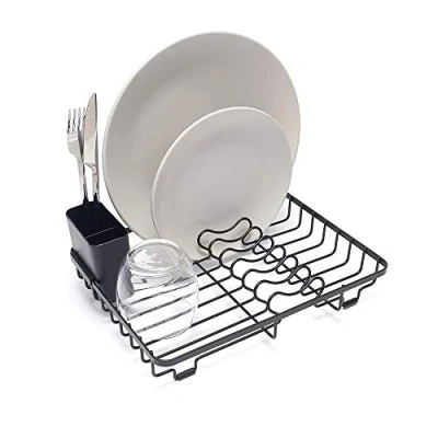 Image of simplywire Compact Dish Drainer Plate Drying Rack with Cutlery Basket Small Black Powder Coated Steel
