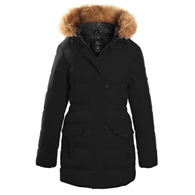 Image of SS7 Womens Puffer Parka Coat Faux Fur Hood (Black, 10)