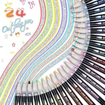 Image of Vicloon Double Line Outline Pens, 24 Colors Metallic Markers Glitter Pens Writing Drawing for Gift Card Writing, Birthday Greeting, Scrap Booking, Painting, DIY Art Crafts