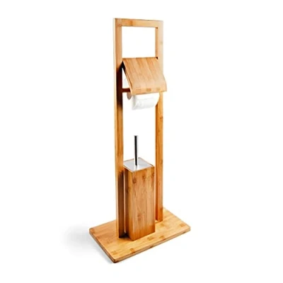 Image of Relaxdays Bamboo Toilet Butler, With Paper Holder And Brush, Size 82 X 36 21 cm, Roll Holder, Natural Brown