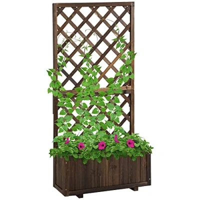 Image of Outsunny 72.5 x 31.5 149.5 cm 45L Garden Wooden Pine Trough Planter with Topped Trellis Climbing Plants Flower Raised Bed, Carbonised Finish