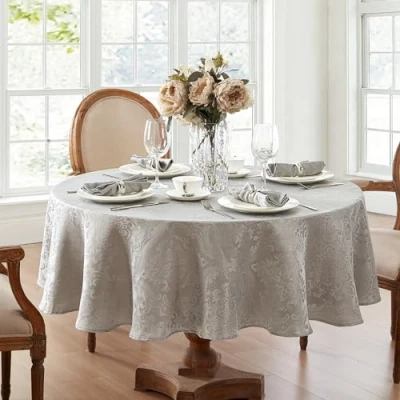 Image of Elrene Damask Tablecloth, Polyester, Silver, 70 Inches Round