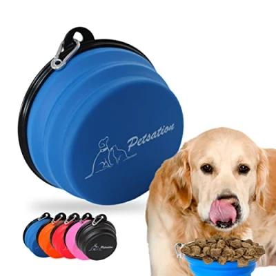 Image of PETSATION Foldable Dog Bowl for On the Go [The Original] Ideal Everyday Use 350 ml Water Drinking Travel Bowl, Feeding (350 ml, Blue)