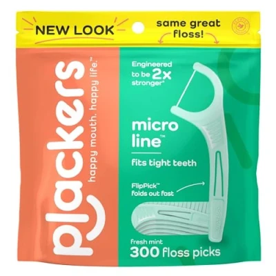 Image of Plackers Micro Mint Dental Flossers, Fresh Flavor, Fold Out Toothpick, Super Tuffloss, Easy Storage with Sure Zip Seal, 300 Count