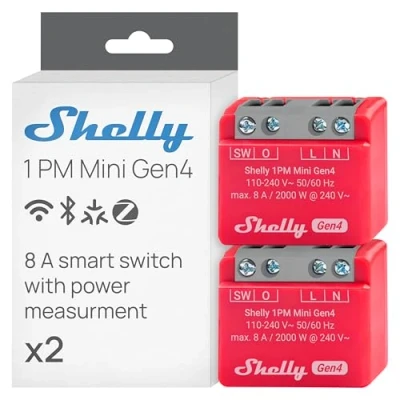 Image of Shelly 1PM Mini Gen4 Wi Fi Smart Relay Switch, 1 Channel, 8A, Real Time Power Metering, Home Automation, Remote Control, No Hub Required, Matter, Alexa, Google Home, Apple HomeKit, Zigbee (2 Pack)