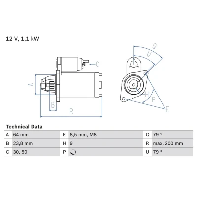 Image of 55569540, 6202071, 6202083, 6202099, 93178138 Starter motor BOSCH 0 986 021 240 12V 1,1kW 9 30,50 rechts 64mm VAUXHALL: Corsa Mk3, Astra Mk5