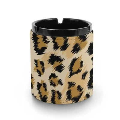 Image of Ashtrays For Cigarettes Leopard Brown Print Leather Ashtray Smoking Ash Tray Holder Home Hotel Office Table Top