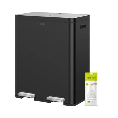 Image of EKO Edison Dual Kitchen Bin for Recycling and Trash, 2x30 Litre Rubbish with Removable Inner Liners, Independent Lids Pedals, Matte Black Stainless Steel