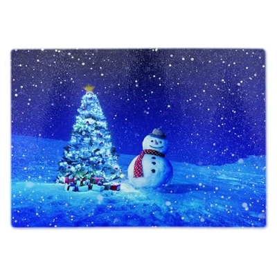 Image of ShopQuality4U Premium Medium Glass Cutting Board Cheese Snowman and Christmas Tree Design Kitchen Worktop Saver Protector