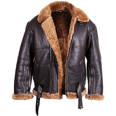 Image of BRANDSLOCK Men Aviator Real Shearling Sheepskin Leather Bomber Flying Jacket (Brown, s)