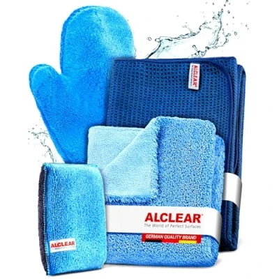 Image of ALCLEAR 8201000 Professional Car Care Wash, Set of 4, Contains Microfibre Cloth, Drying 2 Sided All Rounder, Washing Glove and Microcar Sponge, Without Wheel Rim Brush