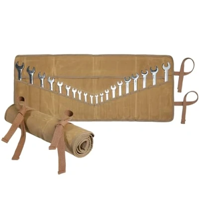 Image of Wrench roll, 16OZ Waxed Canvas Tool Storage Roll Up Pouch with 20+4 Pockets, Organizer for Metric &amp; SAE Set Khaki