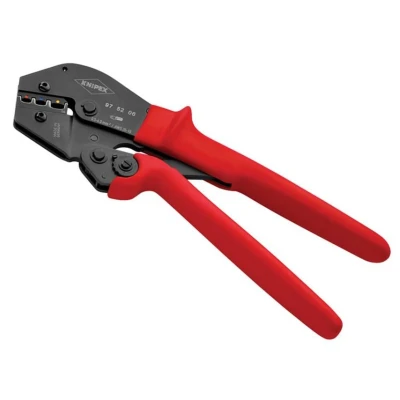 Image of Knipex Crimping Pliers for two hand operation burnished, with non slip plastic grips 250 mm (self service card/blister) 97 52 06 SB